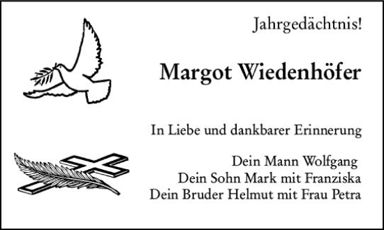 Traueranzeige von Margot Wiedenhöfer von vrm-trauer Allgemeine  Zeitung Ingelheim-Bingen