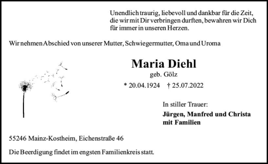 Traueranzeige von Maria Diehl von vrm-trauer AZ Mainz
