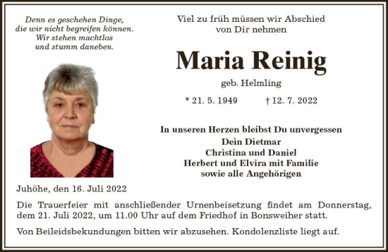 Traueranzeige von Maria Reinig von vrm-trauer Bürstädter/Lamperth. Ztg/Starkenburger