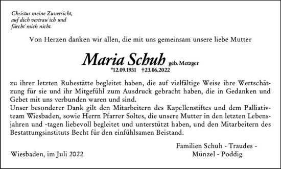 Traueranzeige von Maria Schuh von vrm-trauer Wiesbadener Kurier