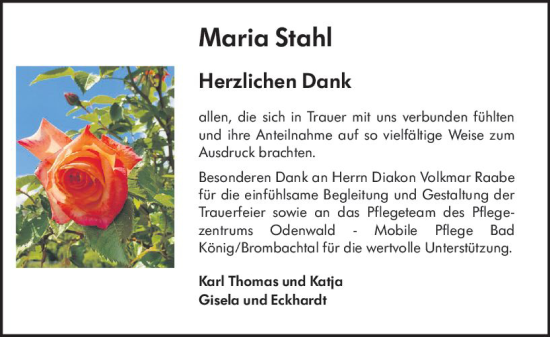 Traueranzeige von Maria Stahl von vrm-trauer Odenwälder Echo