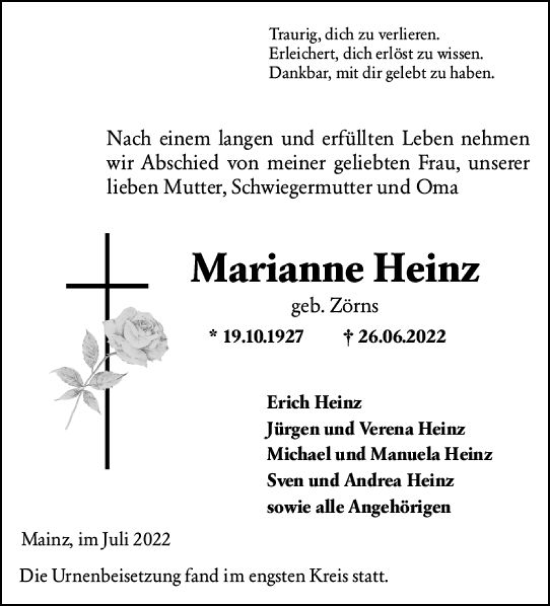 Traueranzeige von Marianne Heinz von vrm-trauer AZ Mainz