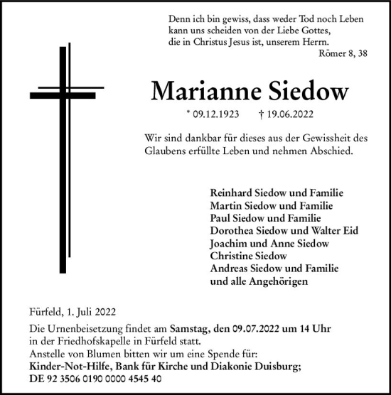 Traueranzeige von Marianne Siedow von vrm-trauer Allg. Zeitung Bad Kreuznach