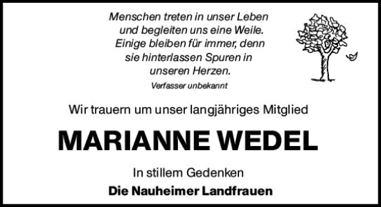 Traueranzeige von Marianne Wedel von vrm-trauer Rüsselsheimer Echo / MainSpitze