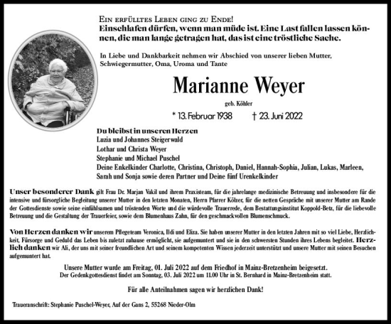 Traueranzeige von Marianne Weyer von vrm-trauer AZ Mainz