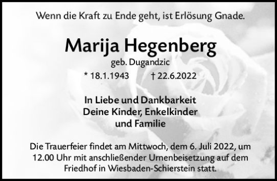 Traueranzeige von Marija Hegenberg von vrm-trauer Wiesbadener Kurier