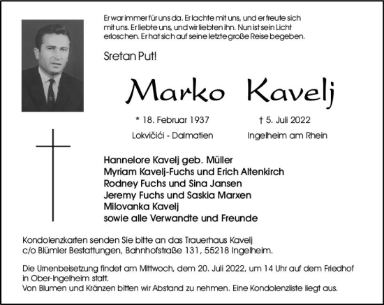 Traueranzeige von Marko Kavelj von vrm-trauer Allgemeine  Zeitung Ingelheim-Bingen