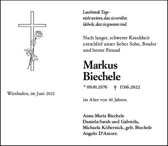 Traueranzeige von Markus Biechele von vrm-trauer Wiesbadener Kurier