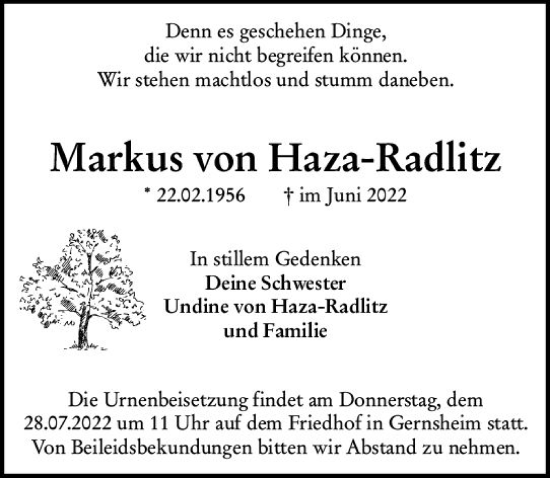 Traueranzeige von Markus von Haza-Radlitz von vrm-trauer Darmstädter Echo