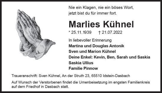Traueranzeige von Marlies Kühnel von vrm-trauer Wiesbadener Kurier