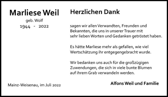 Traueranzeige von Marliese Weil von vrm-trauer AZ Mainz