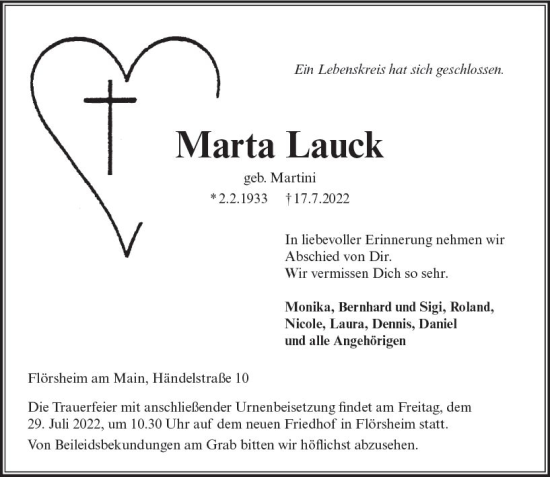 Traueranzeige von Marta Lauck von vrm-trauer Rüsselsheimer Echo / MainSpitze