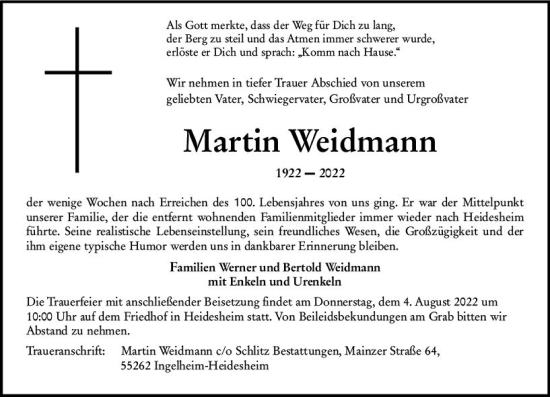 Traueranzeige von Martin Weidmann von vrm-trauer Allgemeine  Zeitung Ingelheim-Bingen