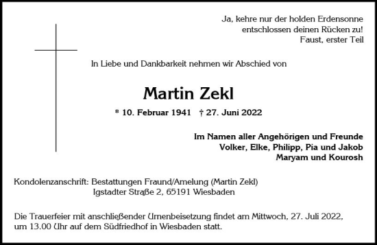 Traueranzeige von Martin Zekl von vrm-trauer Wiesbadener Kurier