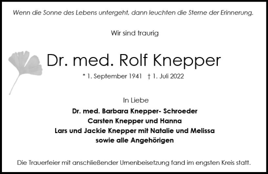 Traueranzeige von med. Rolf Knepper von vrm-trauer WK-UTA