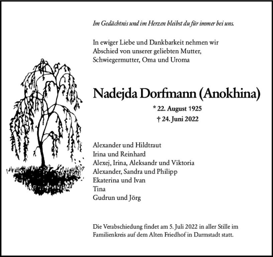 Traueranzeige von Nadejda Dorfmann von vrm-trauer Darmstädter Echo