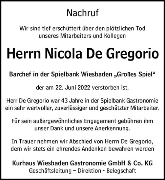 Traueranzeige von Nicola De Gregorio von vrm-trauer Wiesbadener Kurier