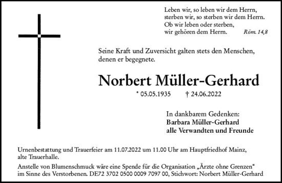 Traueranzeige von Norbert Müller-Gerhard von vrm-trauer AZ Mainz