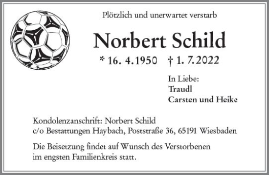 Traueranzeige von Norbert Schild von vrm-trauer Wiesbadener Kurier