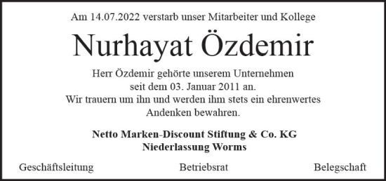 Traueranzeige von Nurhayat Özdemir von vrm-trauer Allgemeine Zeitung Alzey