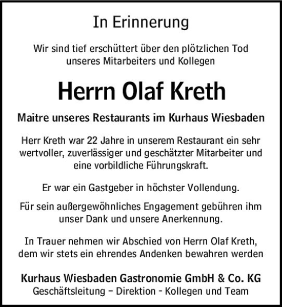 Traueranzeige von Olaf Kreth von vrm-trauer Wiesbadener Kurier