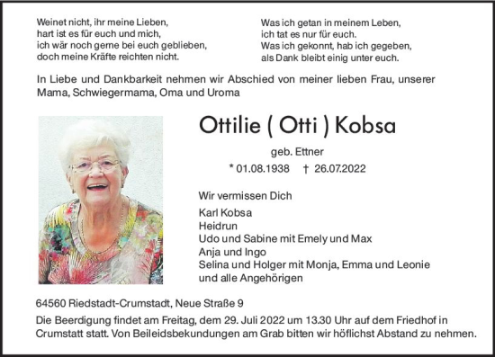 Traueranzeige von Ottilie Kobsa von vrm-trauer Groß-Gerauer Echo
