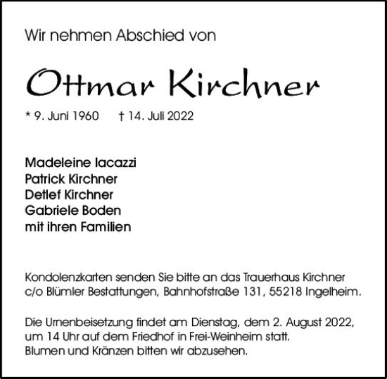 Traueranzeige von Ottmar Kirchner von vrm-trauer Allgemeine  Zeitung Ingelheim-Bingen