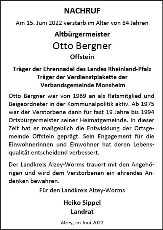 Traueranzeige von Otto Bergner von vrm-trauer Wormser Zeitung
