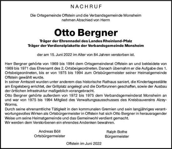 Traueranzeige von Otto Bergner von vrm-trauer Wormser Zeitung