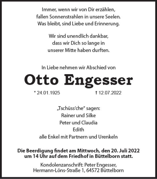 Traueranzeige von Otto Engesser von vrm-trauer Groß-Gerauer Echo