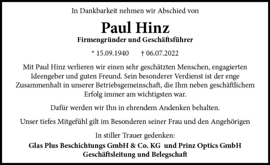 Traueranzeige von Paul Hinz von vrm-trauer AZ Mainz