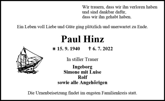 Traueranzeige von Paul Hinz von vrm-trauer AZ Mainz