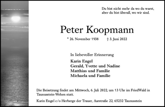 Traueranzeige von Peter Koopmann von vrm-trauer Wiesbadener Kurier