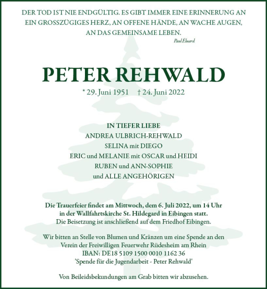 Traueranzeige von Peter Rehwald von vrm-trauer Wiesbadener Kurier