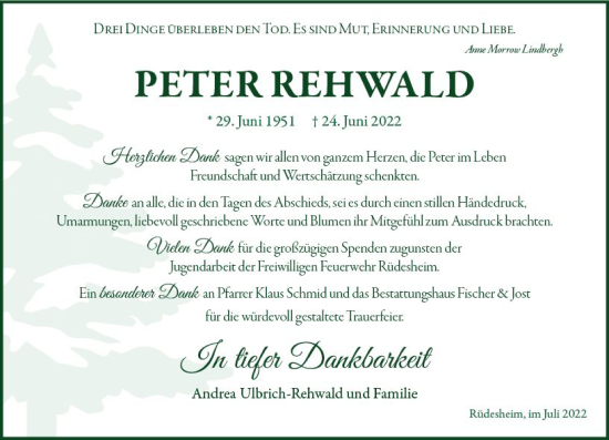 Traueranzeige von Peter Rehwald von vrm-trauer Wiesbadener Kurier