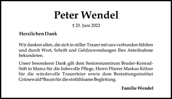 Traueranzeige von Peter Wendel von vrm-trauer AZ Mainz