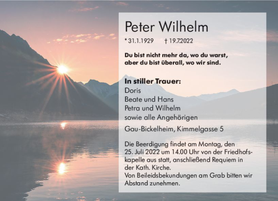 Traueranzeige von Peter Wilhelm von vrm-trauer Allgemeine Zeitung Alzey