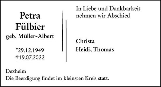 Traueranzeige von Petra Fülbier von vrm-trauer AZ Mainz
