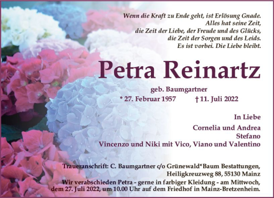 Traueranzeige von Petra Reinartz von vrm-trauer AZ Mainz