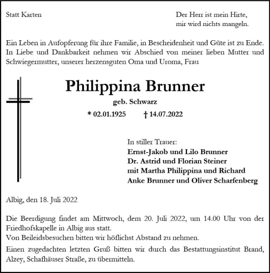 Traueranzeige von Philippina Brunner von vrm-trauer Allgemeine Zeitung Alzey