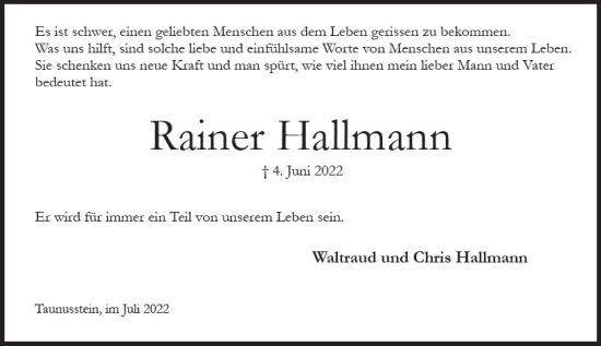 Traueranzeige von Rainer Hallmann von vrm-trauer Wiesbadener Kurier