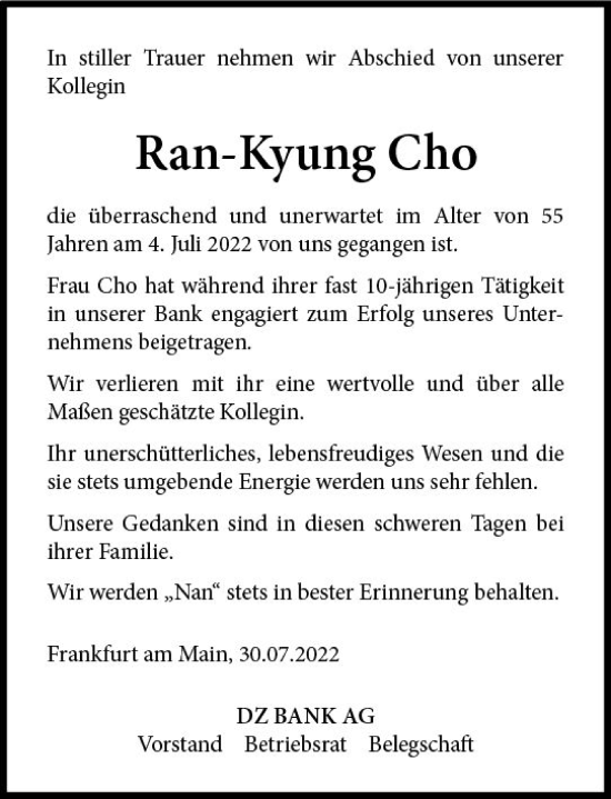 Traueranzeige von Ran-Kyung Cho von vrm-trauer Wiesbadener Kurier