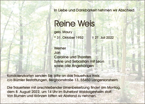 Traueranzeige von Reine Weis von vrm-trauer Allg. Zeitung Bad Kreuznach