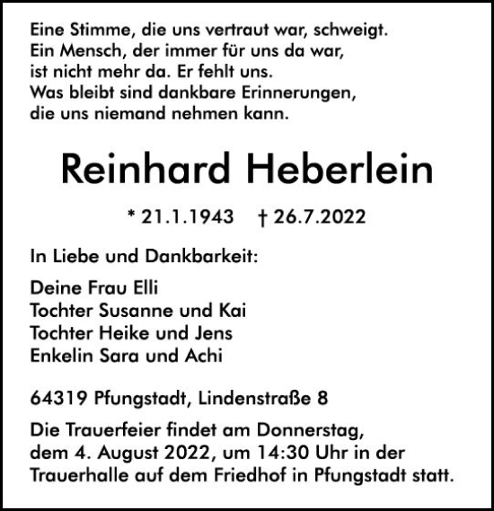 Traueranzeige von Reinhard Heberlein von vrm-trauer Darmstädter Echo