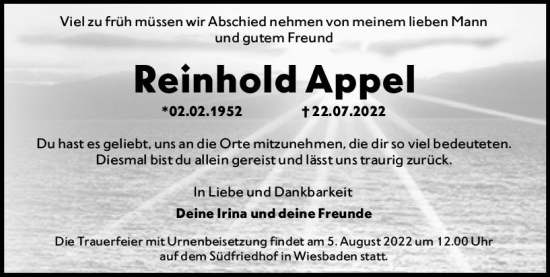 Traueranzeige von Reinhold Appel von vrm-trauer Wiesbadener Kurier