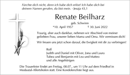 Traueranzeige von Renate Beilharz von vrm-trauer Darmstädter Echo