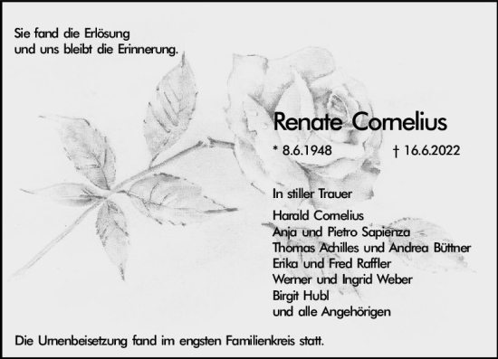 Traueranzeige von Renate Cornelius von vrm-trauer Rüsselsheimer Echo / MainSpitze