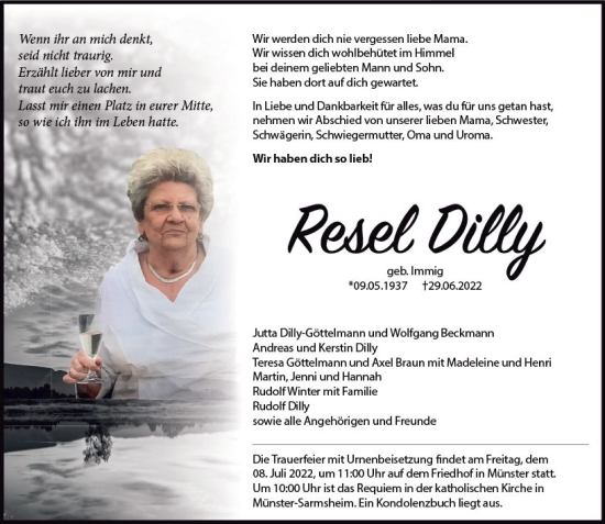 Traueranzeige von Resel Dilly von vrm-trauer Allgemeine  Zeitung Ingelheim-Bingen