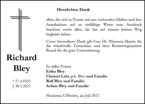 Traueranzeige von Richard Bley von vrm-trauer Allgemeine Zeitung Alzey