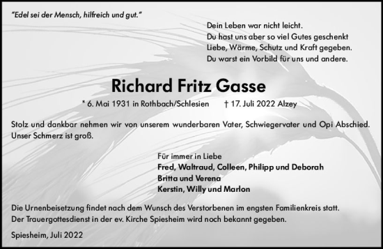 Traueranzeige von Richard Fritz Gasse von vrm-trauer Allgemeine Zeitung Alzey